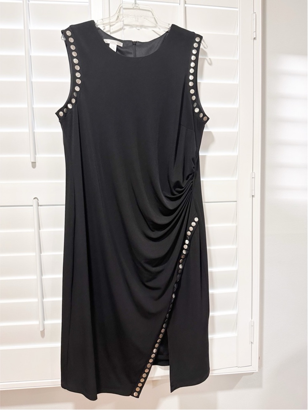 London Times Woman Black Studded Ruched Sheath Dress Size 16W Party Cocktail